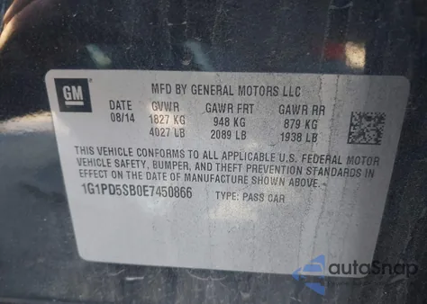 2014 Chevrolet Cruze 1Lt Manual from USA, damaged, VIN 1G1PD5SB0E7450866